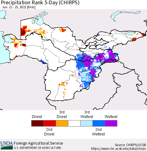 Central Asia Precipitation Rank since 1981, 5-Day (CHIRPS) Thematic Map For 6/21/2022 - 6/25/2022