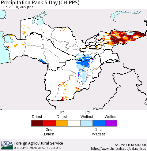 Central Asia Precipitation Rank since 1981, 5-Day (CHIRPS) Thematic Map For 6/26/2022 - 6/30/2022