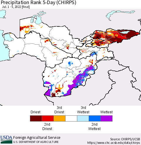 Central Asia Precipitation Rank since 1981, 5-Day (CHIRPS) Thematic Map For 7/1/2022 - 7/5/2022