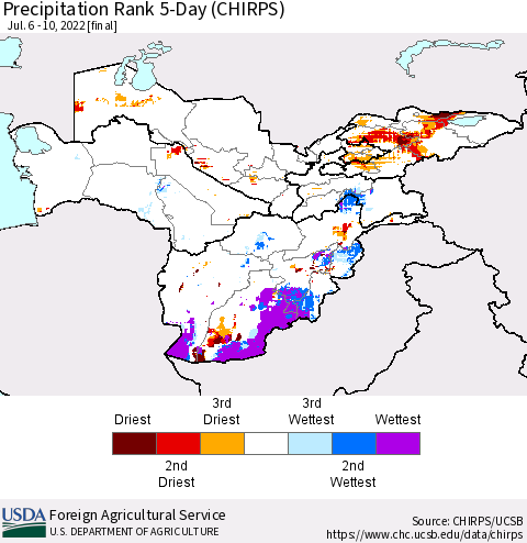 Central Asia Precipitation Rank since 1981, 5-Day (CHIRPS) Thematic Map For 7/6/2022 - 7/10/2022