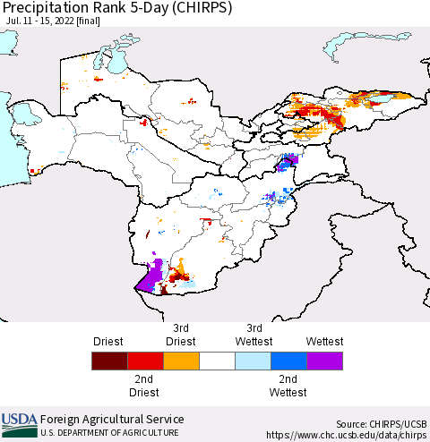 Central Asia Precipitation Rank since 1981, 5-Day (CHIRPS) Thematic Map For 7/11/2022 - 7/15/2022