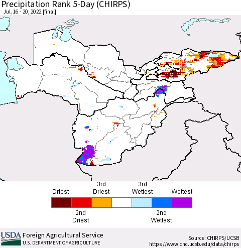Central Asia Precipitation Rank since 1981, 5-Day (CHIRPS) Thematic Map For 7/16/2022 - 7/20/2022