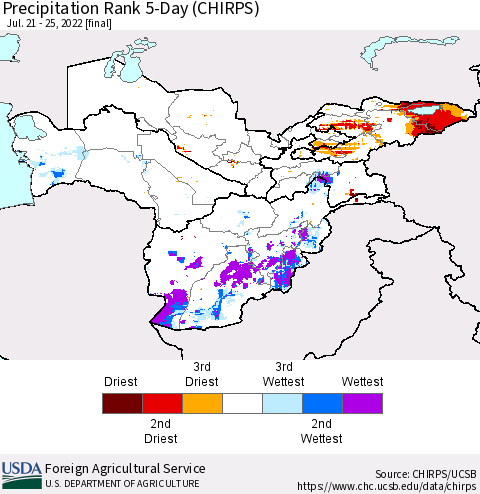 Central Asia Precipitation Rank since 1981, 5-Day (CHIRPS) Thematic Map For 7/21/2022 - 7/25/2022