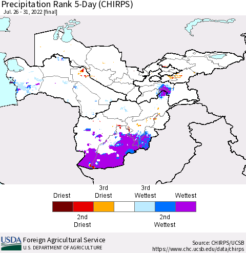 Central Asia Precipitation Rank since 1981, 5-Day (CHIRPS) Thematic Map For 7/26/2022 - 7/31/2022