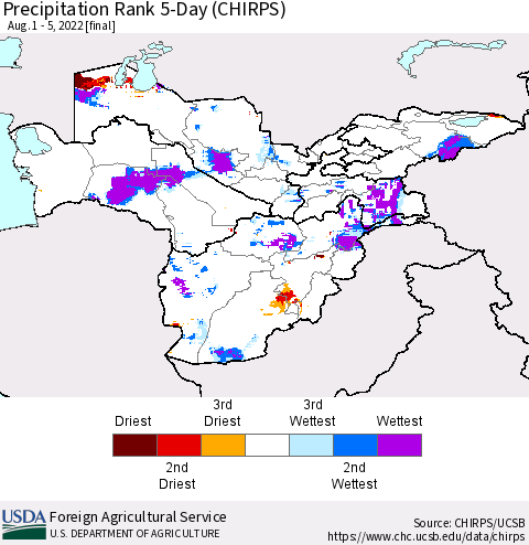 Central Asia Precipitation Rank since 1981, 5-Day (CHIRPS) Thematic Map For 8/1/2022 - 8/5/2022