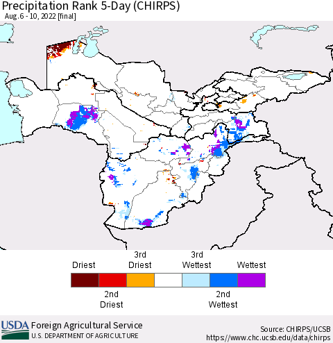 Central Asia Precipitation Rank since 1981, 5-Day (CHIRPS) Thematic Map For 8/6/2022 - 8/10/2022