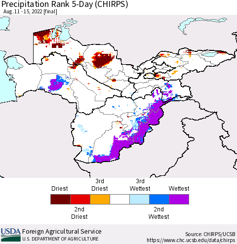 Central Asia Precipitation Rank since 1981, 5-Day (CHIRPS) Thematic Map For 8/11/2022 - 8/15/2022