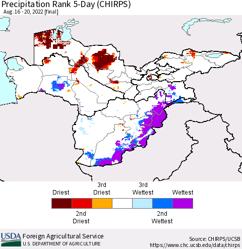 Central Asia Precipitation Rank since 1981, 5-Day (CHIRPS) Thematic Map For 8/16/2022 - 8/20/2022