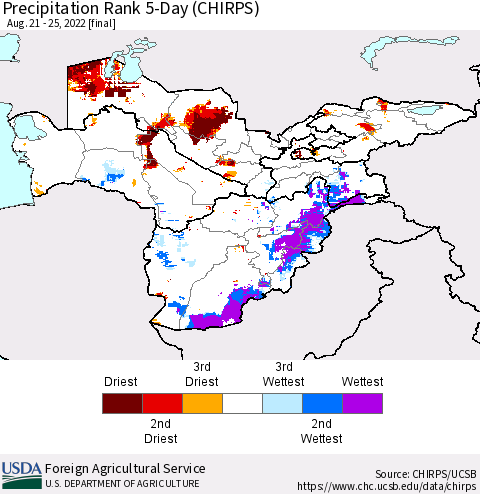 Central Asia Precipitation Rank since 1981, 5-Day (CHIRPS) Thematic Map For 8/21/2022 - 8/25/2022