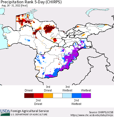 Central Asia Precipitation Rank since 1981, 5-Day (CHIRPS) Thematic Map For 8/26/2022 - 8/31/2022