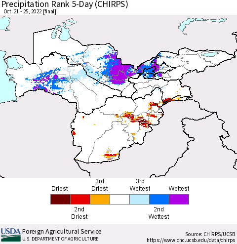 Central Asia Precipitation Rank since 1981, 5-Day (CHIRPS) Thematic Map For 10/21/2022 - 10/25/2022