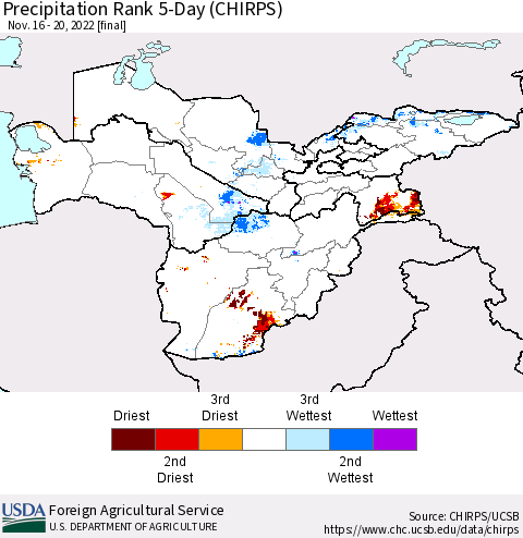 Central Asia Precipitation Rank since 1981, 5-Day (CHIRPS) Thematic Map For 11/16/2022 - 11/20/2022