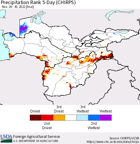 Central Asia Precipitation Rank since 1981, 5-Day (CHIRPS) Thematic Map For 11/26/2022 - 11/30/2022