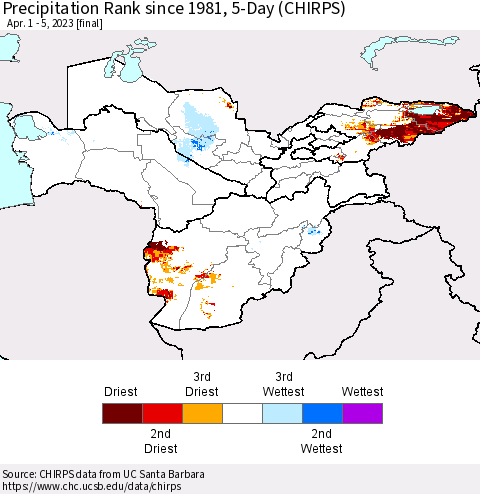 Central Asia Precipitation Rank since 1981, 5-Day (CHIRPS) Thematic Map For 4/1/2023 - 4/5/2023
