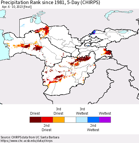 Central Asia Precipitation Rank since 1981, 5-Day (CHIRPS) Thematic Map For 4/6/2023 - 4/10/2023
