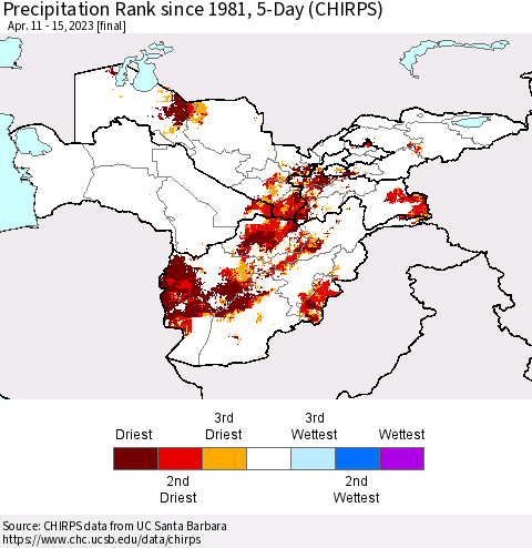 Central Asia Precipitation Rank since 1981, 5-Day (CHIRPS) Thematic Map For 4/11/2023 - 4/15/2023