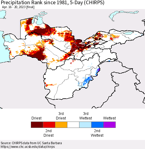 Central Asia Precipitation Rank since 1981, 5-Day (CHIRPS) Thematic Map For 4/16/2023 - 4/20/2023