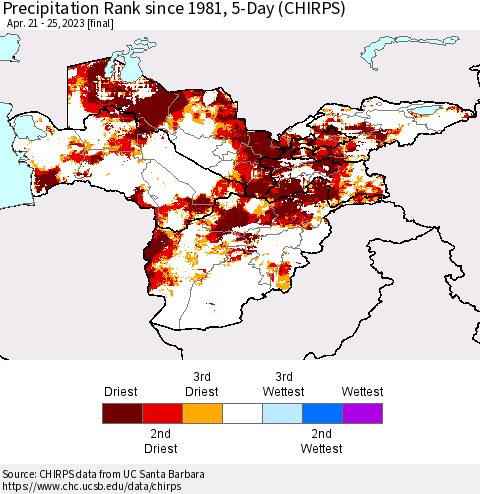 Central Asia Precipitation Rank since 1981, 5-Day (CHIRPS) Thematic Map For 4/21/2023 - 4/25/2023