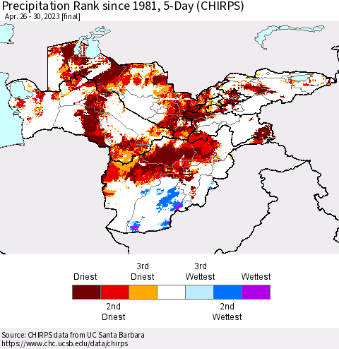 Central Asia Precipitation Rank since 1981, 5-Day (CHIRPS) Thematic Map For 4/26/2023 - 4/30/2023