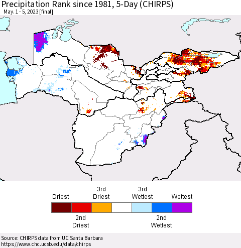 Central Asia Precipitation Rank since 1981, 5-Day (CHIRPS) Thematic Map For 5/1/2023 - 5/5/2023