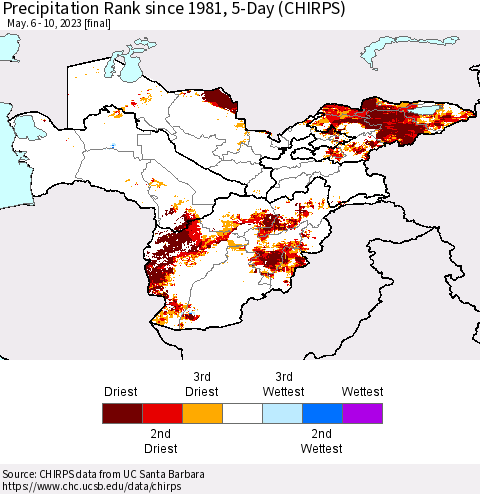 Central Asia Precipitation Rank since 1981, 5-Day (CHIRPS) Thematic Map For 5/6/2023 - 5/10/2023