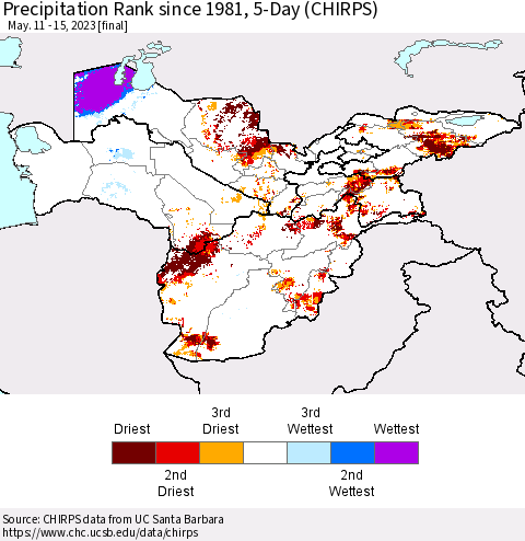 Central Asia Precipitation Rank since 1981, 5-Day (CHIRPS) Thematic Map For 5/11/2023 - 5/15/2023