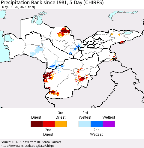 Central Asia Precipitation Rank since 1981, 5-Day (CHIRPS) Thematic Map For 5/16/2023 - 5/20/2023