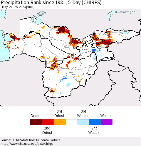 Central Asia Precipitation Rank since 1981, 5-Day (CHIRPS) Thematic Map For 5/21/2023 - 5/25/2023