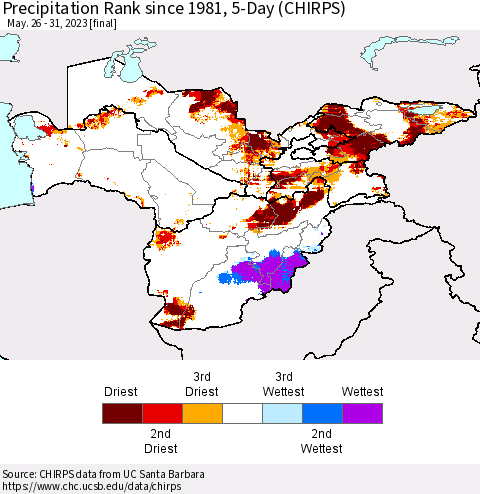Central Asia Precipitation Rank since 1981, 5-Day (CHIRPS) Thematic Map For 5/26/2023 - 5/31/2023