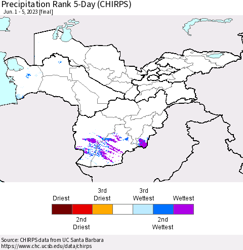 Central Asia Precipitation Rank since 1981, 5-Day (CHIRPS) Thematic Map For 6/1/2023 - 6/5/2023