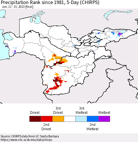 Central Asia Precipitation Rank since 1981, 5-Day (CHIRPS) Thematic Map For 6/11/2023 - 6/15/2023