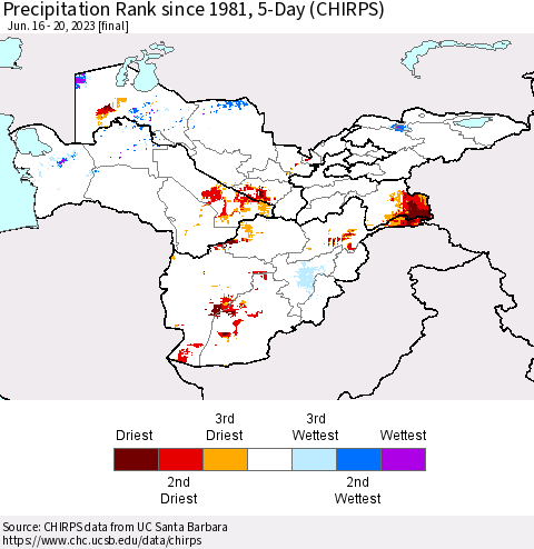 Central Asia Precipitation Rank since 1981, 5-Day (CHIRPS) Thematic Map For 6/16/2023 - 6/20/2023