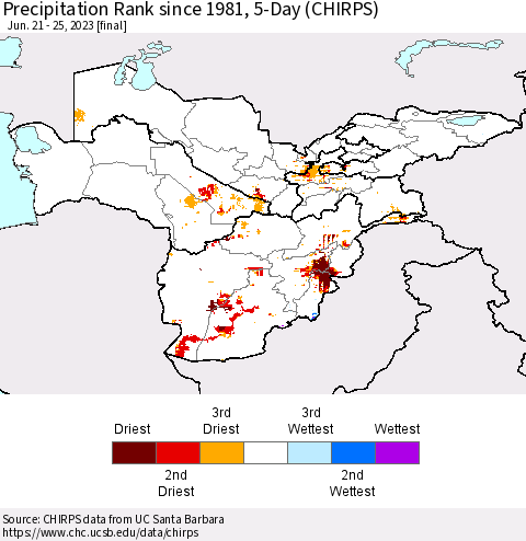 Central Asia Precipitation Rank since 1981, 5-Day (CHIRPS) Thematic Map For 6/21/2023 - 6/25/2023
