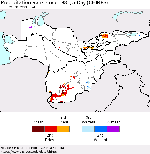 Central Asia Precipitation Rank since 1981, 5-Day (CHIRPS) Thematic Map For 6/26/2023 - 6/30/2023
