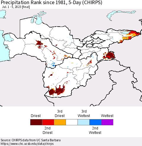 Central Asia Precipitation Rank since 1981, 5-Day (CHIRPS) Thematic Map For 7/1/2023 - 7/5/2023