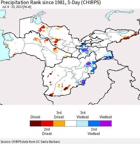 Central Asia Precipitation Rank since 1981, 5-Day (CHIRPS) Thematic Map For 7/6/2023 - 7/10/2023