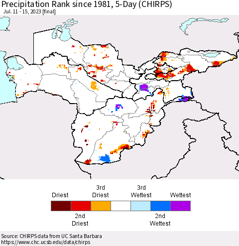 Central Asia Precipitation Rank since 1981, 5-Day (CHIRPS) Thematic Map For 7/11/2023 - 7/15/2023