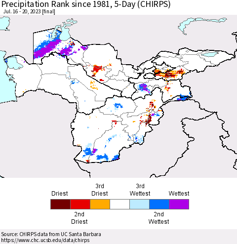 Central Asia Precipitation Rank since 1981, 5-Day (CHIRPS) Thematic Map For 7/16/2023 - 7/20/2023