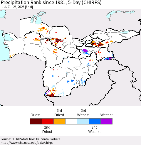 Central Asia Precipitation Rank since 1981, 5-Day (CHIRPS) Thematic Map For 7/21/2023 - 7/25/2023