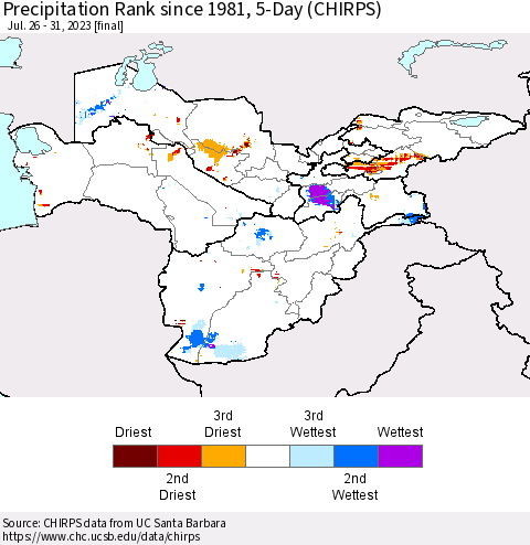Central Asia Precipitation Rank since 1981, 5-Day (CHIRPS) Thematic Map For 7/26/2023 - 7/31/2023