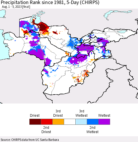 Central Asia Precipitation Rank since 1981, 5-Day (CHIRPS) Thematic Map For 8/1/2023 - 8/5/2023