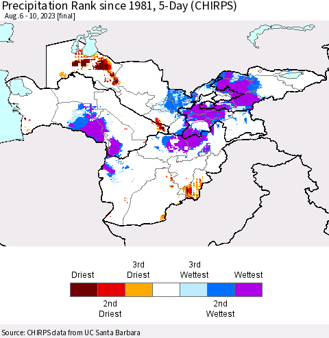 Central Asia Precipitation Rank since 1981, 5-Day (CHIRPS) Thematic Map For 8/6/2023 - 8/10/2023