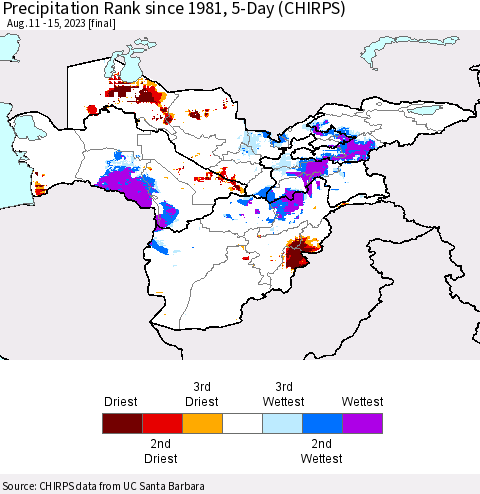 Central Asia Precipitation Rank since 1981, 5-Day (CHIRPS) Thematic Map For 8/11/2023 - 8/15/2023