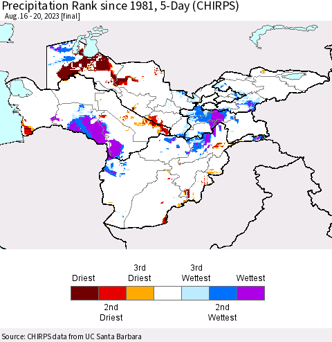 Central Asia Precipitation Rank since 1981, 5-Day (CHIRPS) Thematic Map For 8/16/2023 - 8/20/2023