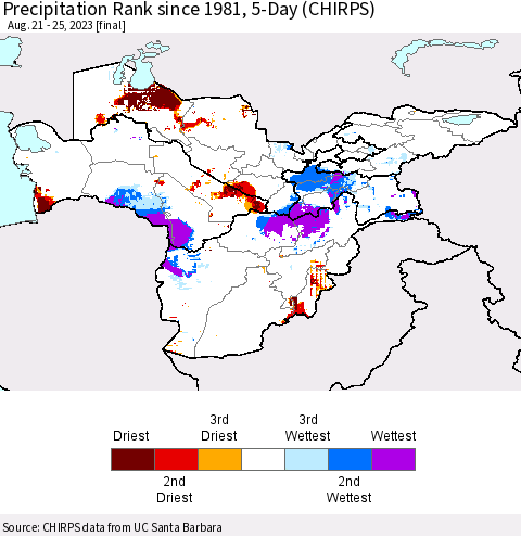 Central Asia Precipitation Rank since 1981, 5-Day (CHIRPS) Thematic Map For 8/21/2023 - 8/25/2023