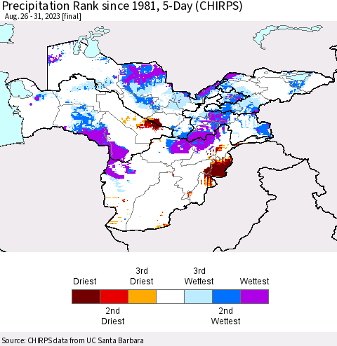 Central Asia Precipitation Rank since 1981, 5-Day (CHIRPS) Thematic Map For 8/26/2023 - 8/31/2023