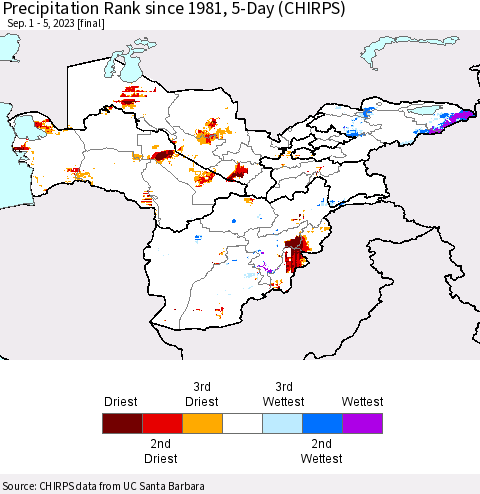 Central Asia Precipitation Rank since 1981, 5-Day (CHIRPS) Thematic Map For 9/1/2023 - 9/5/2023