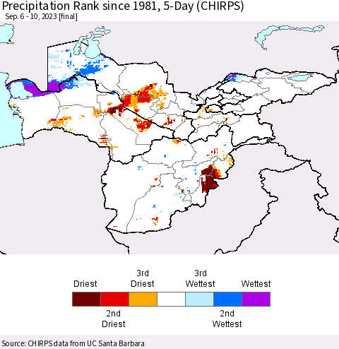Central Asia Precipitation Rank since 1981, 5-Day (CHIRPS) Thematic Map For 9/6/2023 - 9/10/2023
