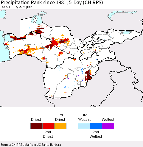 Central Asia Precipitation Rank since 1981, 5-Day (CHIRPS) Thematic Map For 9/11/2023 - 9/15/2023
