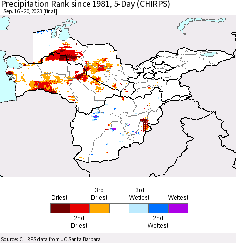 Central Asia Precipitation Rank since 1981, 5-Day (CHIRPS) Thematic Map For 9/16/2023 - 9/20/2023